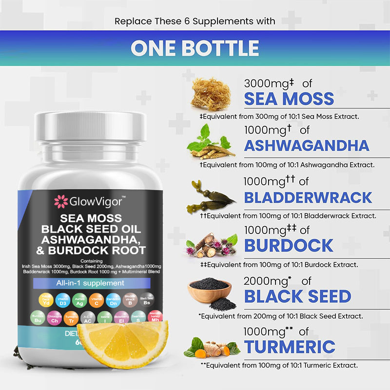 GlowVigor Sea Moss 3000mg Black Seed Oil 2000mg Ashwagandha 999mg Turmeric 999mg Bladderwrack 999mg Burdock 999mg  Vitamin C  D3