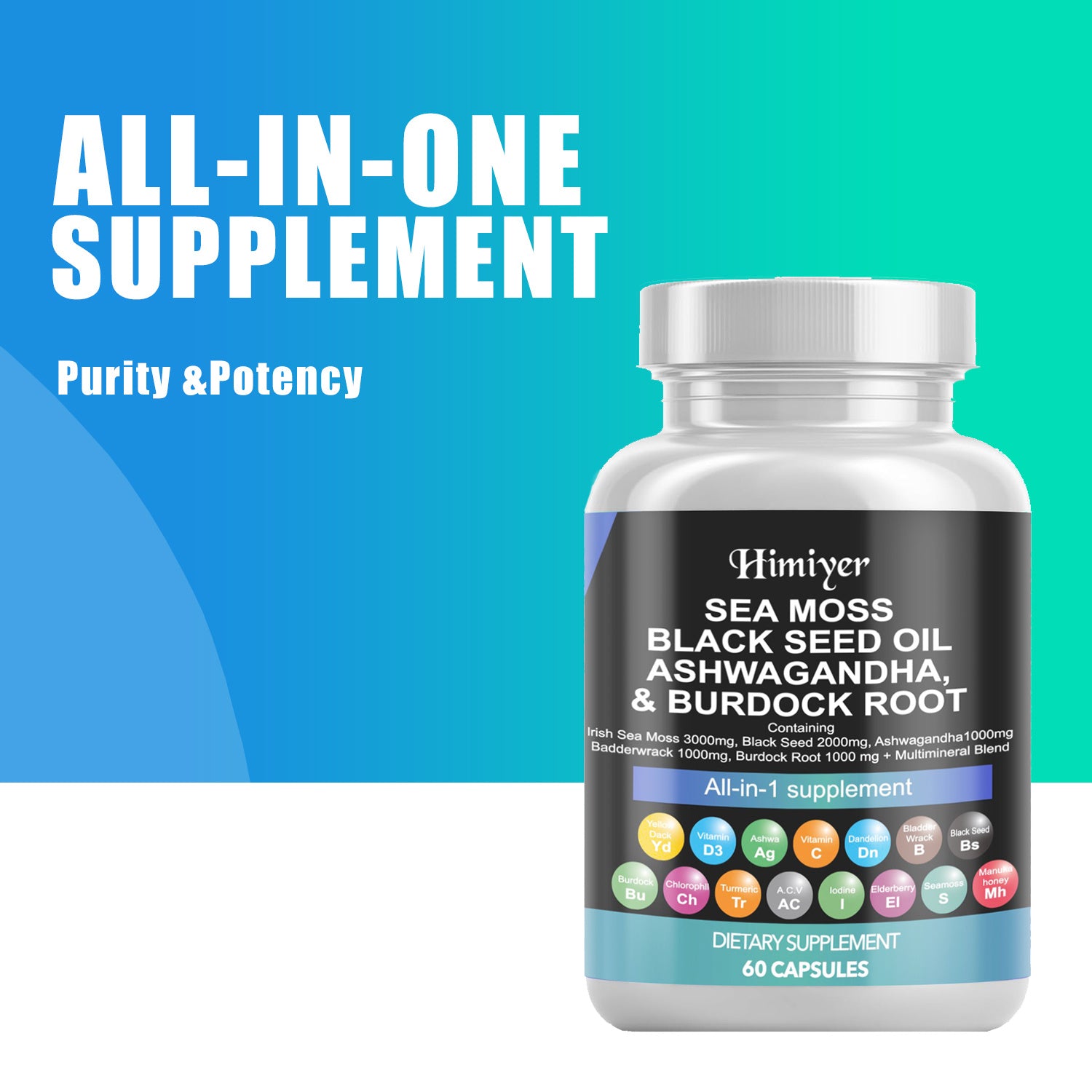 Sea Moss 3000mg Black Seed Oil 2000mg Ashwagandha 999mg Turmeric 999mg Bladderwrack 999mg Burdock 999mg & Vitamin C & D3 With Elderberry Manuka Dandelion Yellow Dock Iodine Chlorophyll ACV