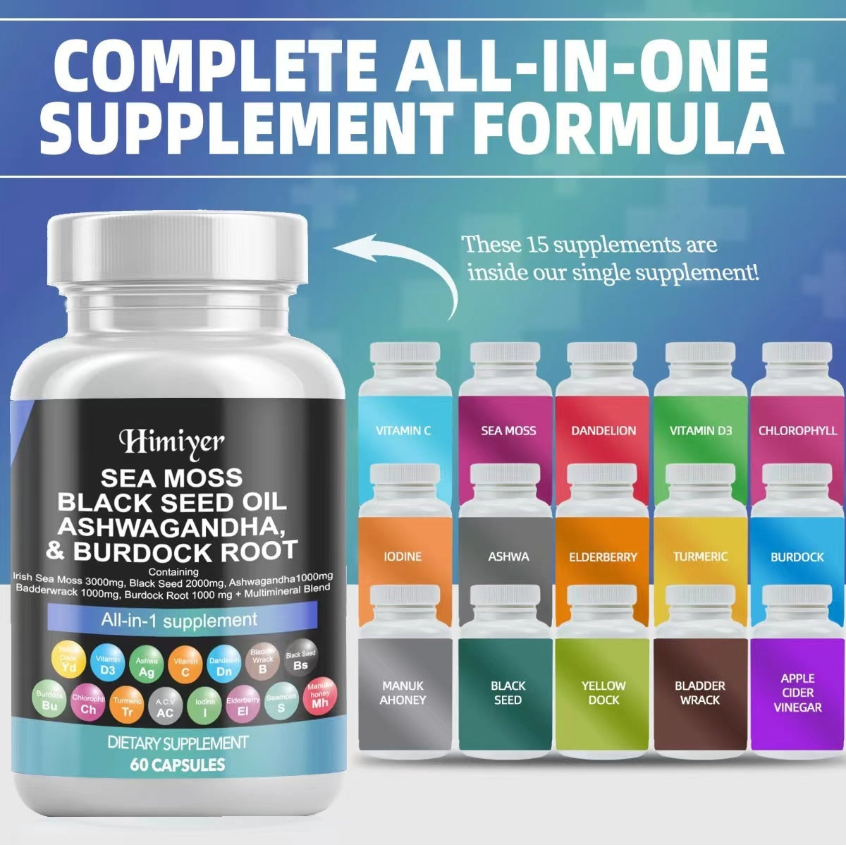 Sea Moss 3000mg Black Seed Oil 2000mg Ashwagandha 999mg Turmeric 999mg Bladderwrack 999mg Burdock 999mg & Vitamin C & D3 With Elderberry Manuka Dandelion Yellow Dock Iodine Chlorophyll ACV