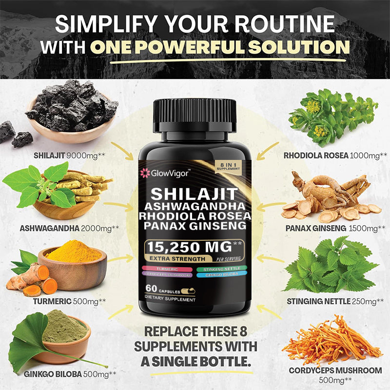 GlowVigor Shilajit 9000 Panax Ginseng 1500MG Ashwagandha 2000MG Rhodiola Rosea 999MG, Turmeric 500MG, Gingko Biloba 500MG, Stinging Nettle 250MG