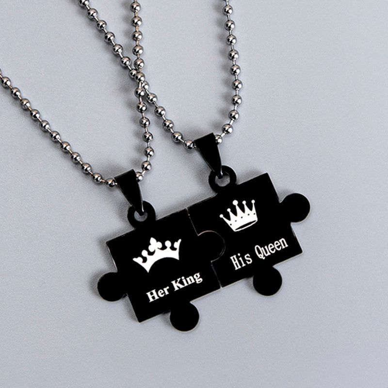 Black Silver Stainless Steel Crown Her King His Queen Jigsaw Puzzle Pendant Couple Necklace