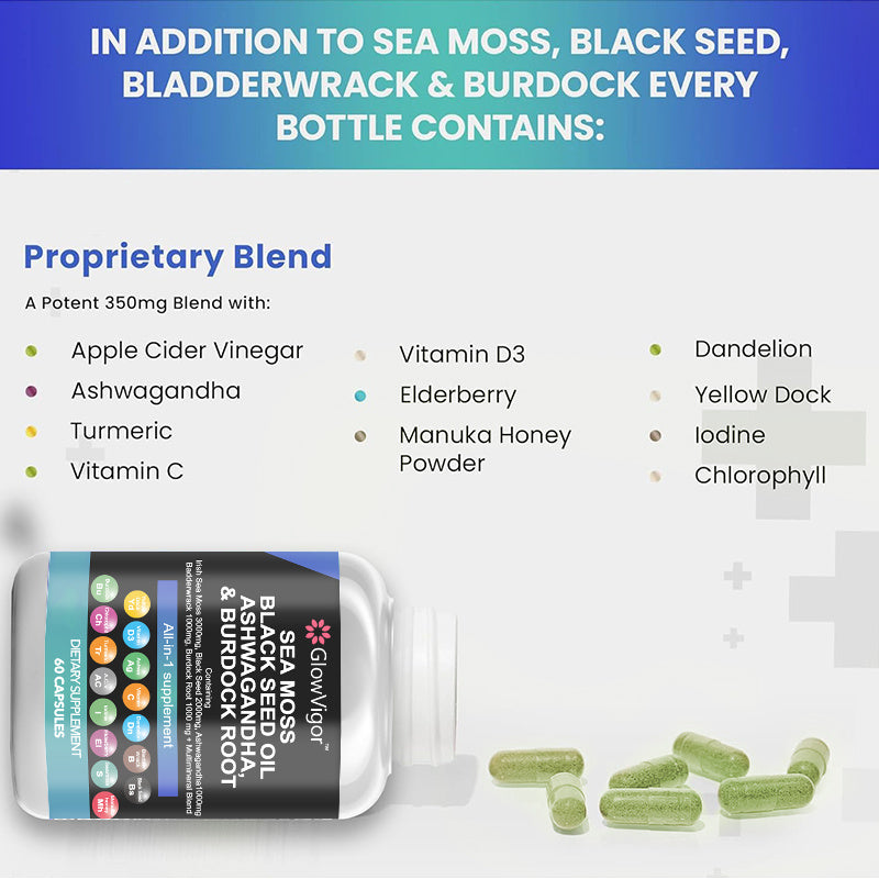 GlowVigor Sea Moss 3000mg Black Seed Oil 2000mg Ashwagandha 999mg Turmeric 999mg Bladderwrack 999mg Burdock 999mg  Vitamin C  D3