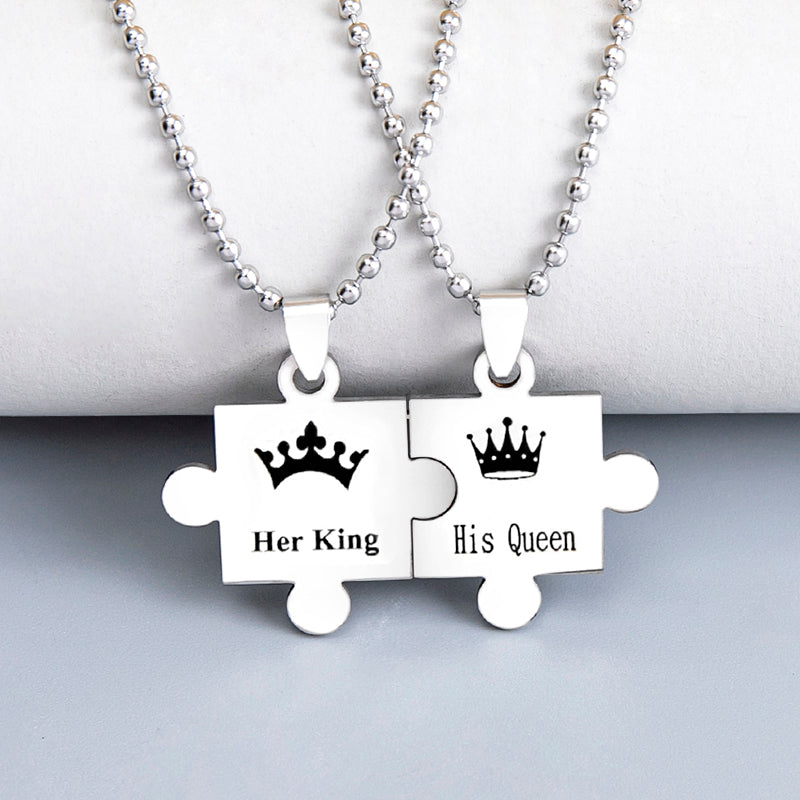 Black Silver Stainless Steel Crown Her King His Queen Jigsaw Puzzle Pendant Couple Necklace