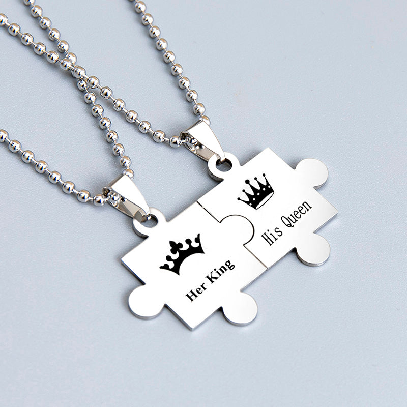 Black Silver Stainless Steel Crown Her King His Queen Jigsaw Puzzle Pendant Couple Necklace