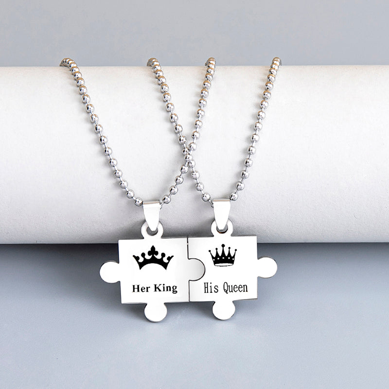 Black Silver Stainless Steel Crown Her King His Queen Jigsaw Puzzle Pendant Couple Necklace