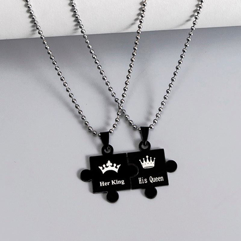 Black Silver Stainless Steel Crown Her King His Queen Jigsaw Puzzle Pendant Couple Necklace