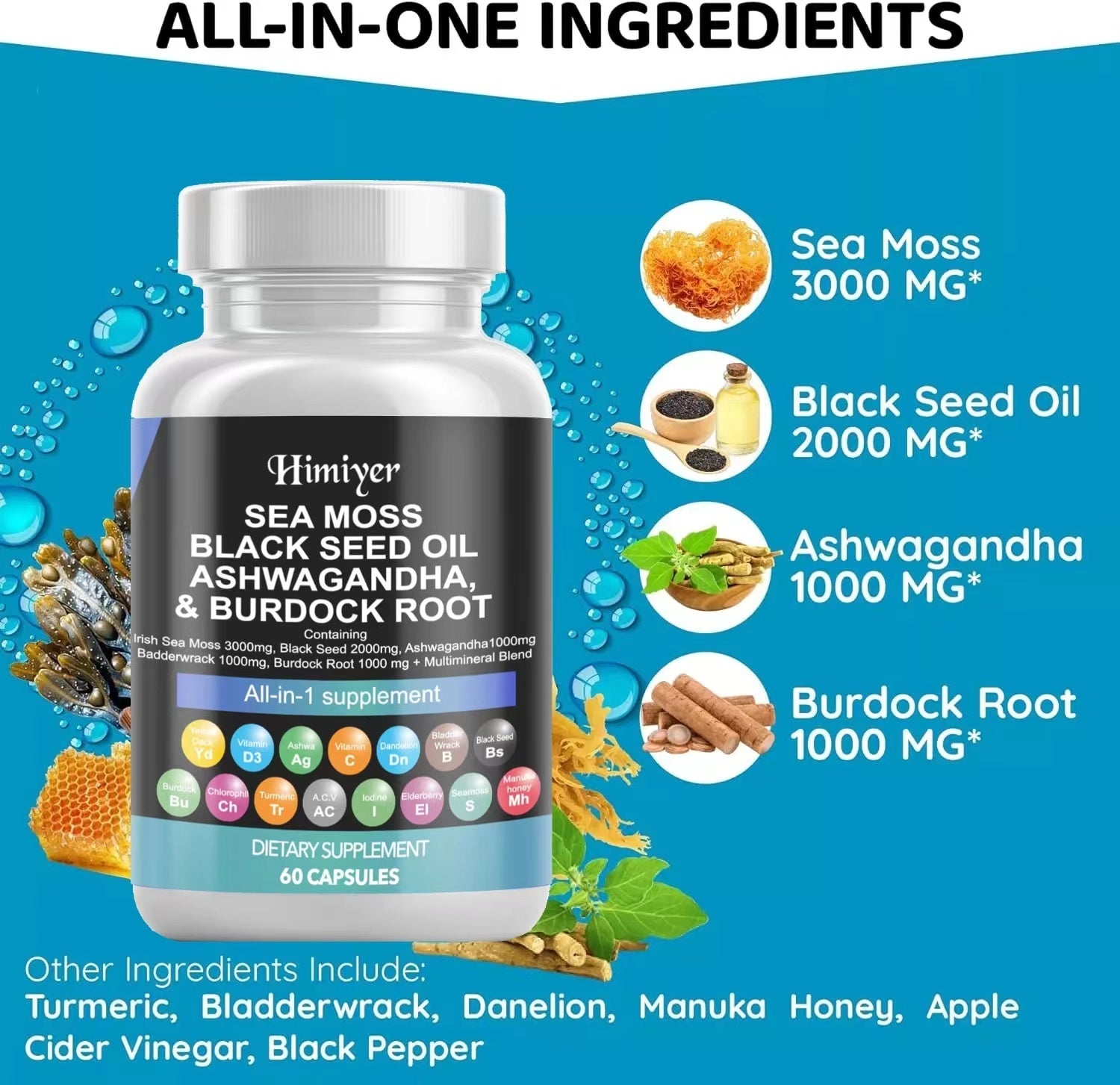 Sea Moss 3000mg Black Seed Oil 2000mg Ashwagandha 999mg Turmeric 999mg Bladderwrack 999mg Burdock 999mg & Vitamin C & D3 With Elderberry Manuka Dandelion Yellow Dock Iodine Chlorophyll ACV