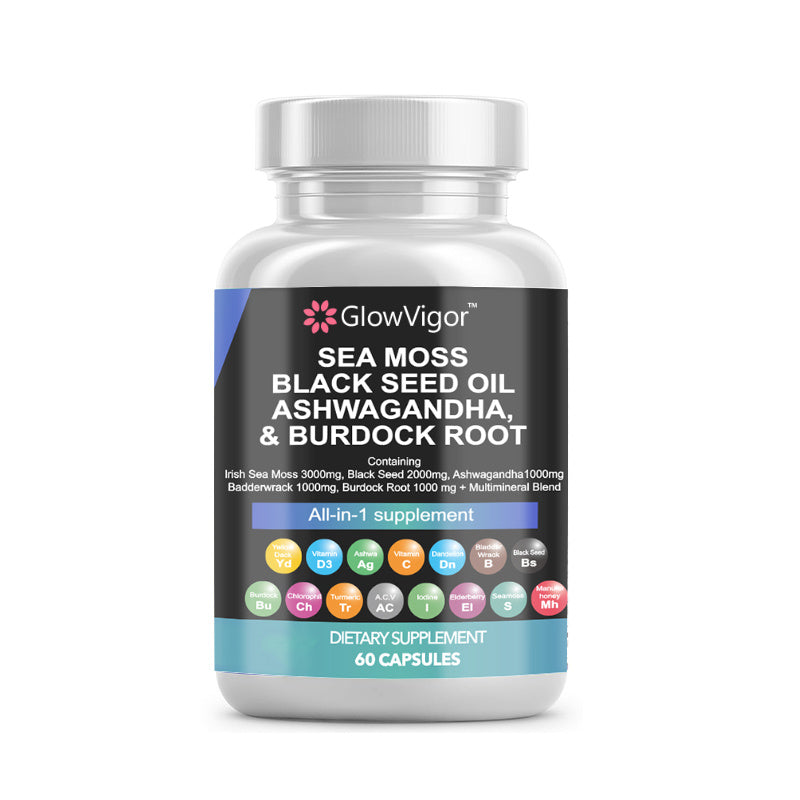 GlowVigor Sea Moss 3000mg Black Seed Oil 2000mg Ashwagandha 999mg Turmeric 999mg Bladderwrack 999mg Burdock 999mg  Vitamin C  D3