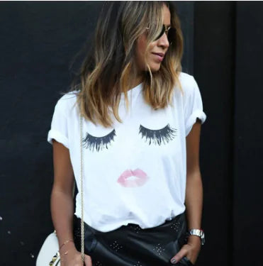 Short Sleeve Crew Neck Lips Eyelashes Printed Tees