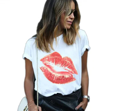 Short Sleeve Crew Neck Lips Eyelashes Printed Tees