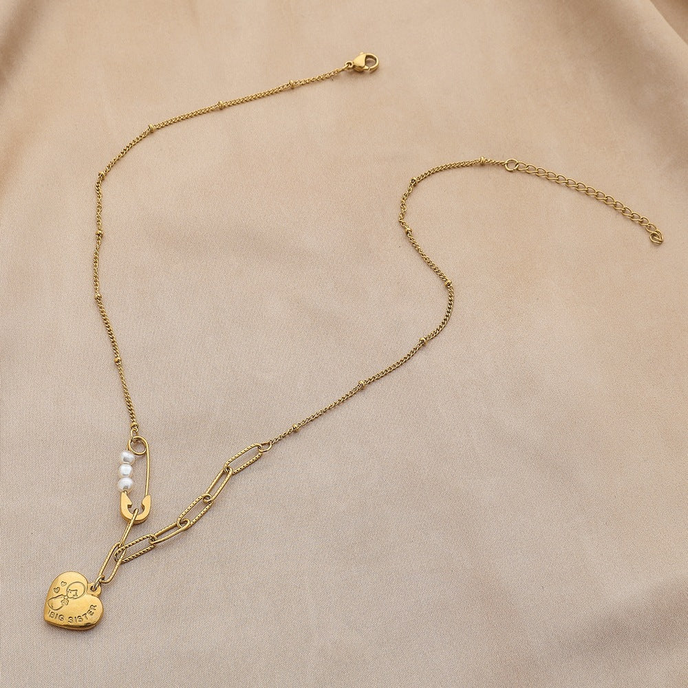 Golden Brooch Pearl Love Sisters Necklace