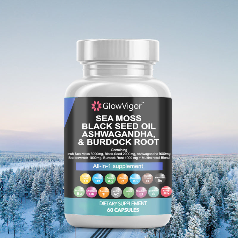 GlowVigor Sea Moss 3000mg Black Seed Oil 2000mg Ashwagandha 999mg Turmeric 999mg Bladderwrack 999mg Burdock 999mg  Vitamin C  D3