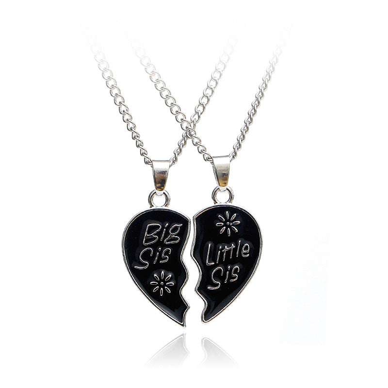 Heart Pendant BIG LITTLE Sister Love Drop Oil Necklace