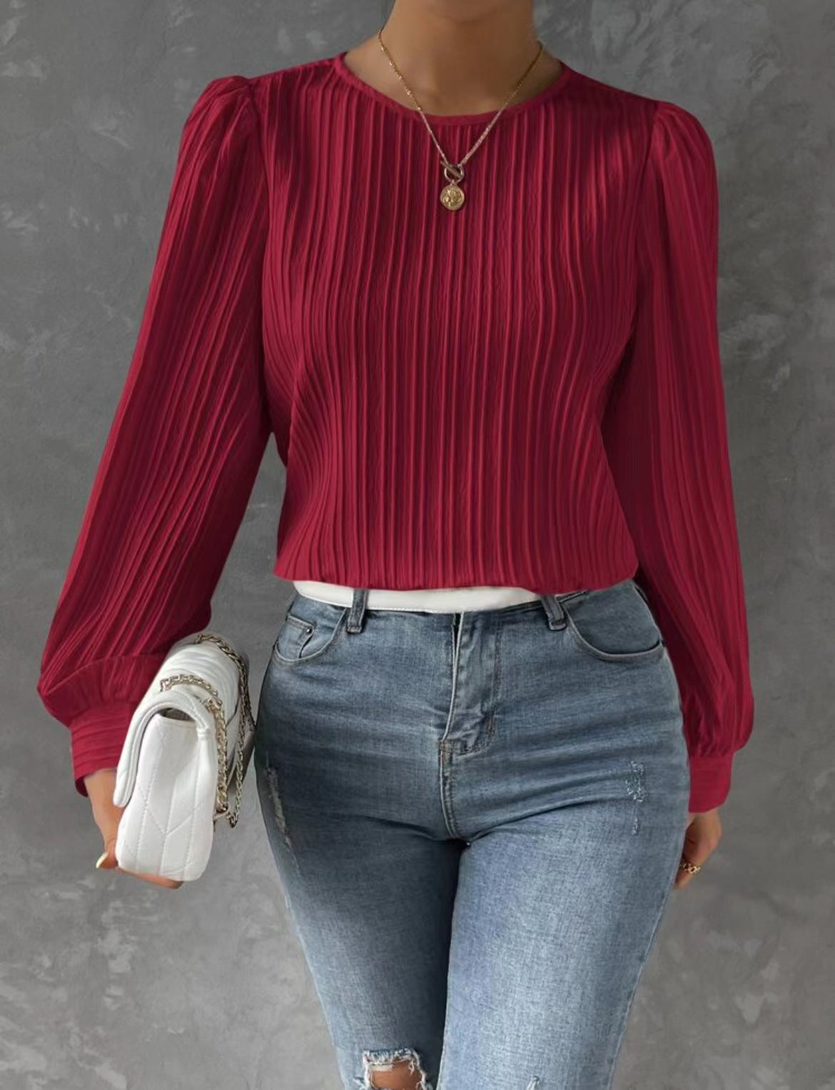 Spring Round Neck Lantern Sleeve Long Sleeve Solid Color Loose Blouse